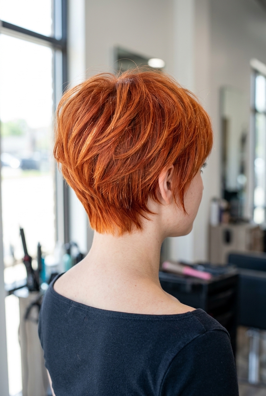 very short layered pixie crop in bright apricot auburn with copper-gold babylights — playful vibrant edgy