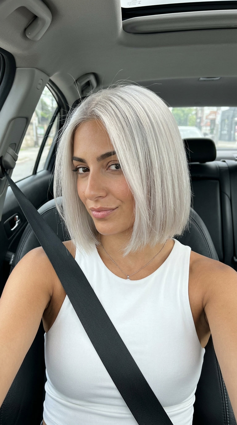short arctic platinum bob with blunt cut, no fringe — sleek professional style