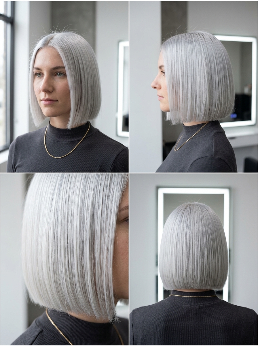 short arctic platinum bob haircut with solid silver-white, icy blue undertones — edgy professional