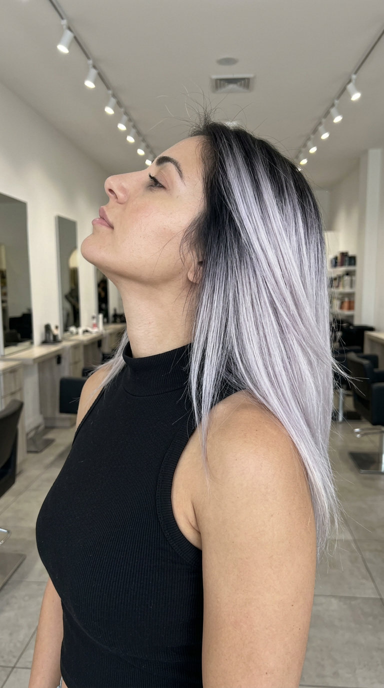 short arctic platinum ombre with charcoal root and silver-blue ends, extreme contrast — edgy festival style