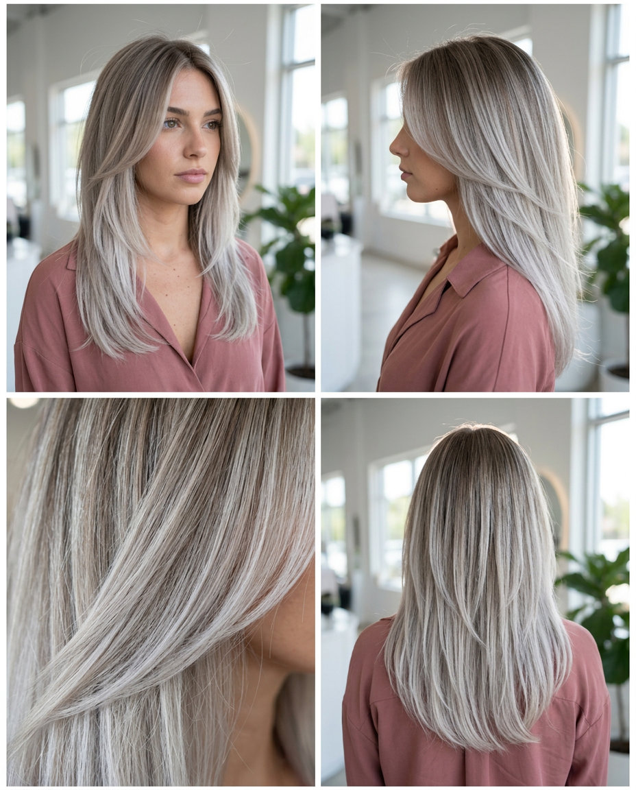 long ash blonde ombre with smoky root and silvery platinum ends, soft blend — modern edgy style