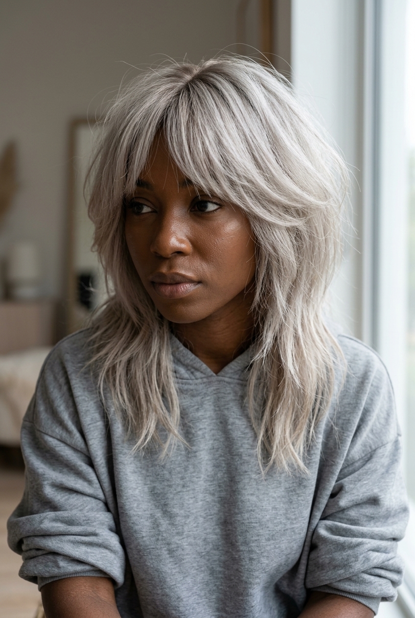 medium shag haircut with ash blonde, razor-cut layers, and eye-grazing fringe for festivals