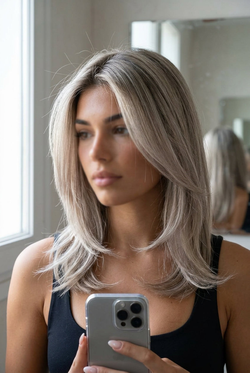 medium ash blonde wolf cut with silver babylights and icy root smudge for edgy look
