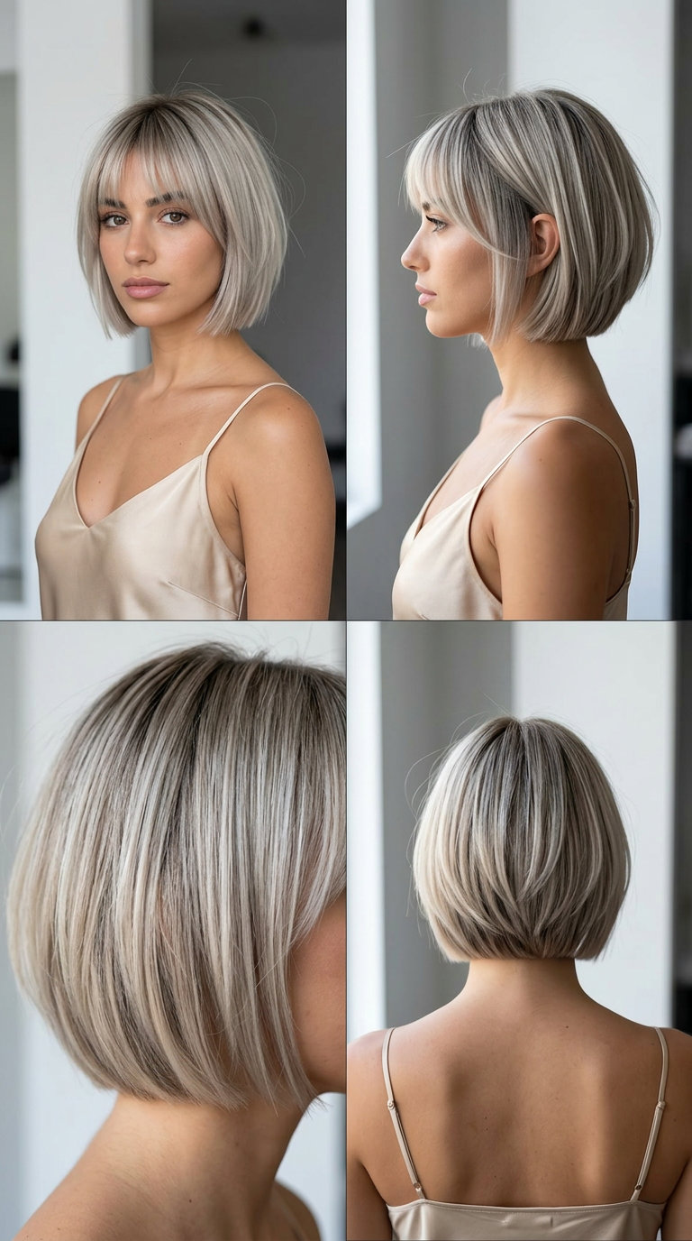 Sleek Ash Blonde Bixie Haircut 2026 short ash blonde bixie haircut with blunt cut and deep side part for summer 2026