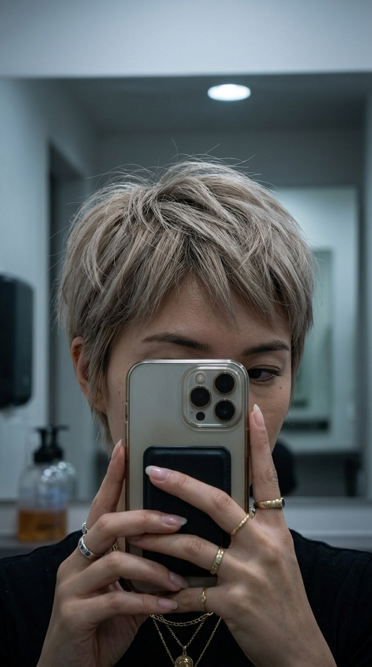 short ash blonde pixie haircut with muted cool beige, natural root, disconnected layers — edgy playful