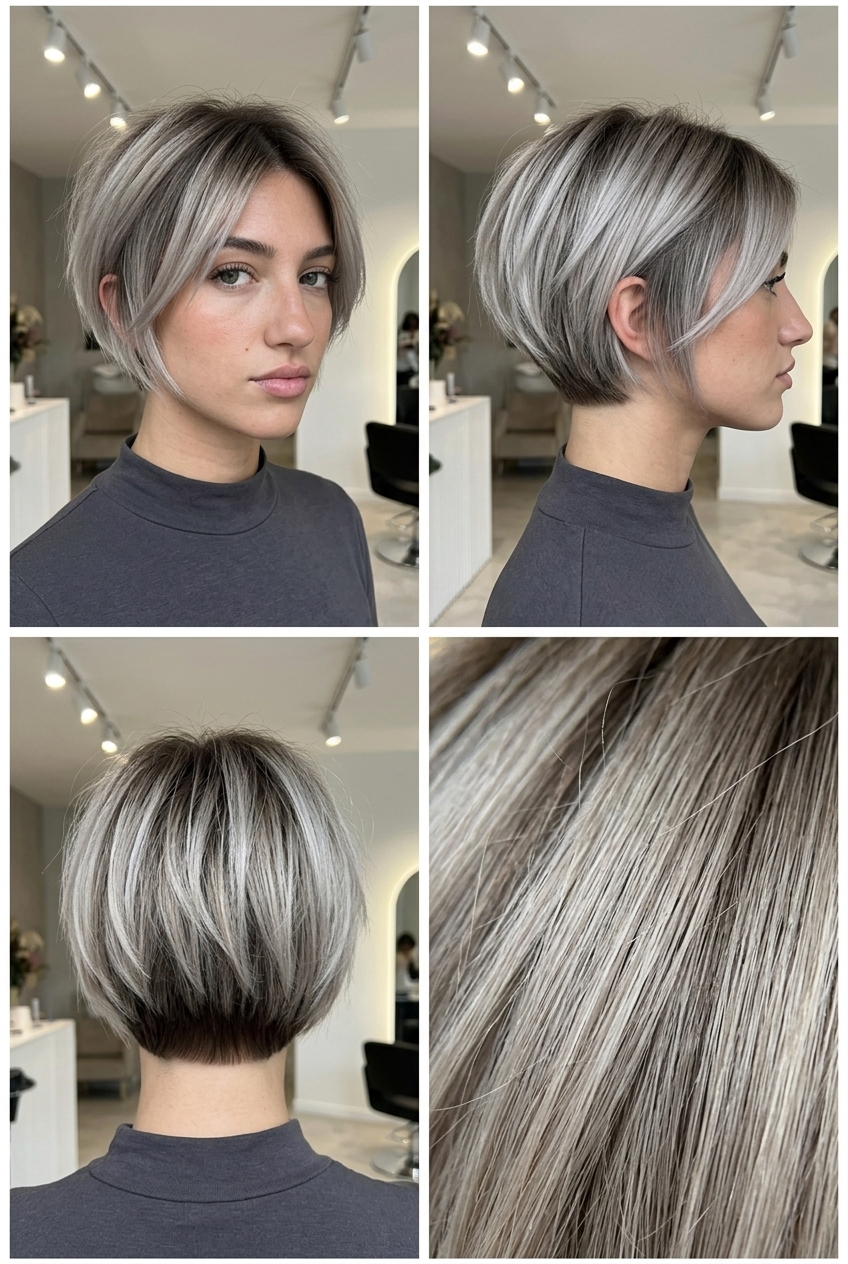 short ash blonde razor cut with choppy layers, no fringe — edgy rebellious look