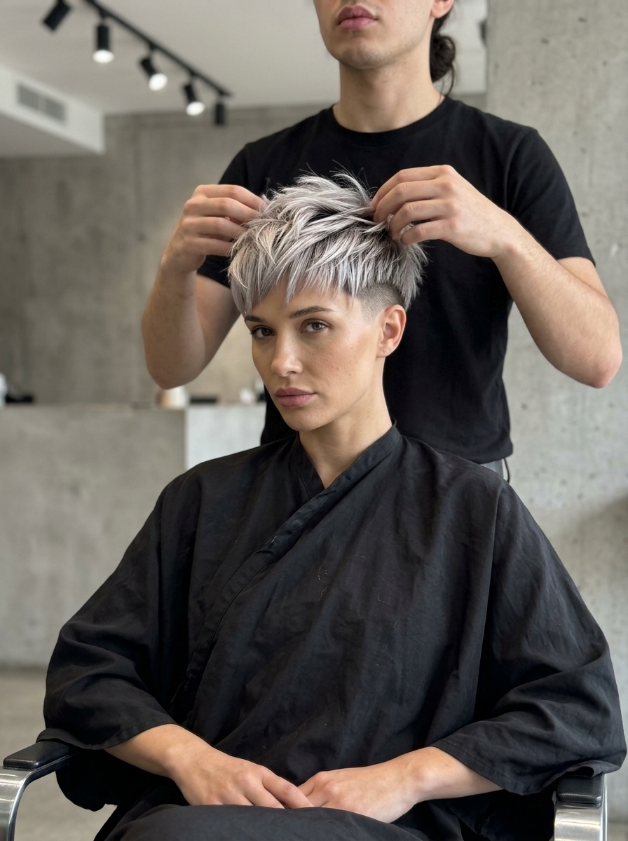 short undercut pixie with cool ash blonde & charcoal root smudge for summer