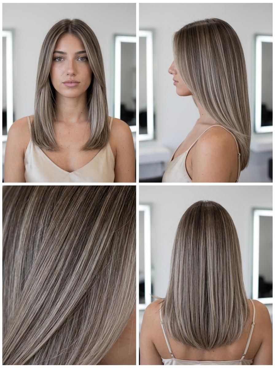 Mushroom Bronde Balayage 2026: Sophisticated Summer Hair long layered ash brown to beige balayage with silver blonde, foilayage technique for summer 2026