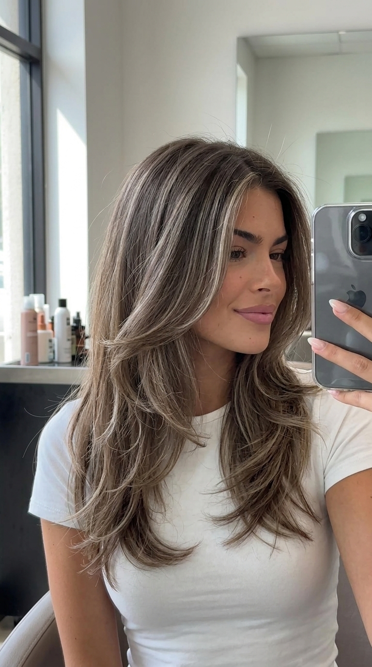 long ash brown hair with cool ash blonde highlights and butterfly layers