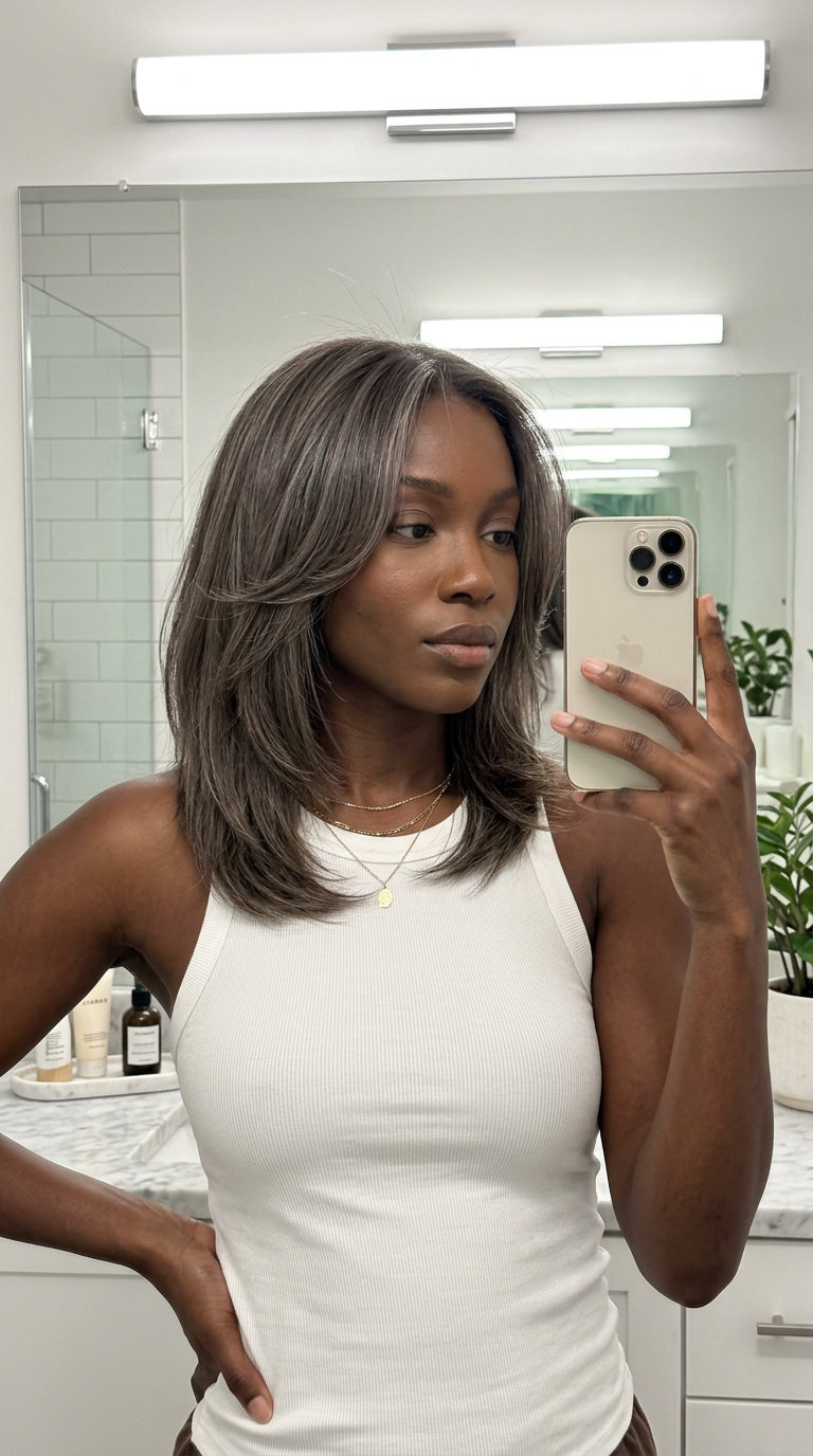 medium butterfly haircut with cool ash brown and charcoal lowlights, subtle layers, face-framing — sophisticated work chic