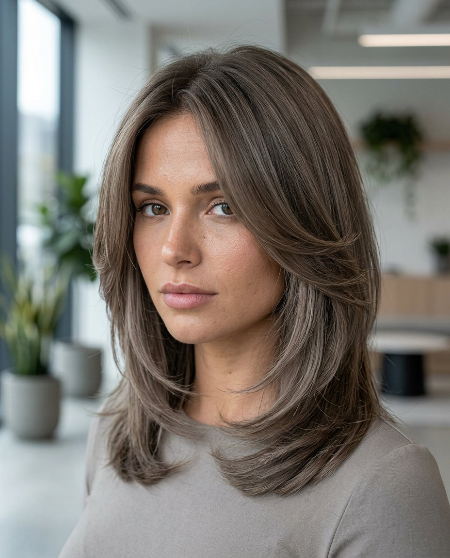 medium ash brown butterfly haircut with greige undertones, face-framing layers, no bangs — professional office