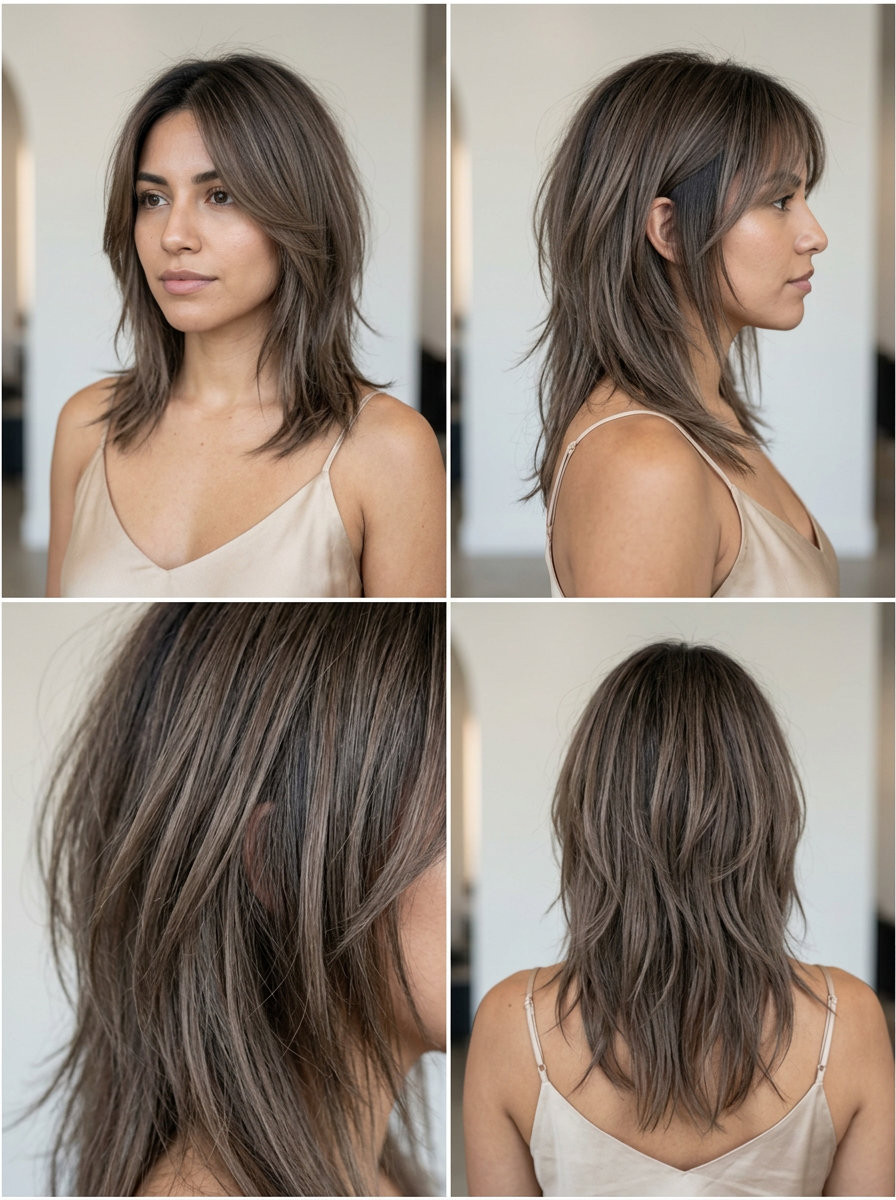 medium ash brown wolf cut with silver highlights, dark root, deconstructed layers — modern sophisticated look