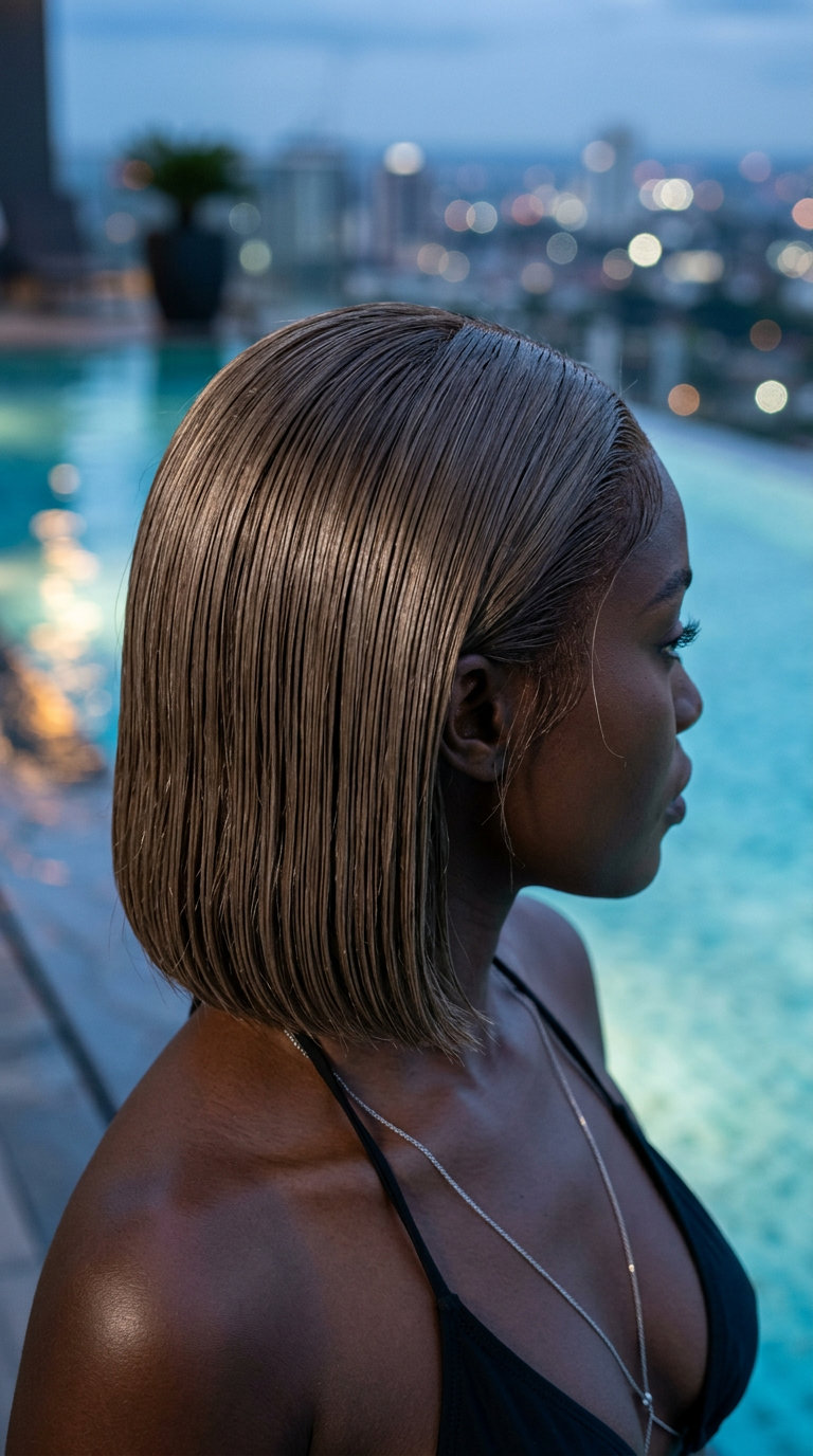 Sleek Wet-Look Hydro-Bob 2026 short ash brown hair in a wet-look bob with sleek texture for summer vacation hairstyles 2026