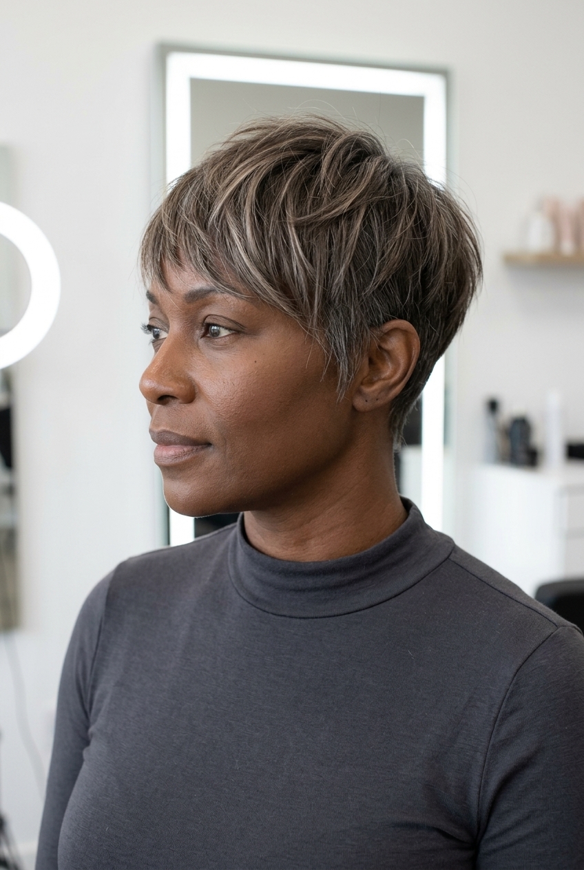 short pixie haircut in natural ash brown with cool beige babylights, razored layers, piecey fringe — modern edgy style