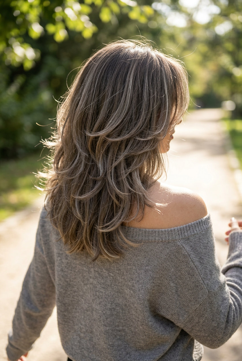 shoulder-length butterfly haircut with cool ash brown and grey-beige lowlights, choppy layers, feathered face-framing — edgy weekend vibe