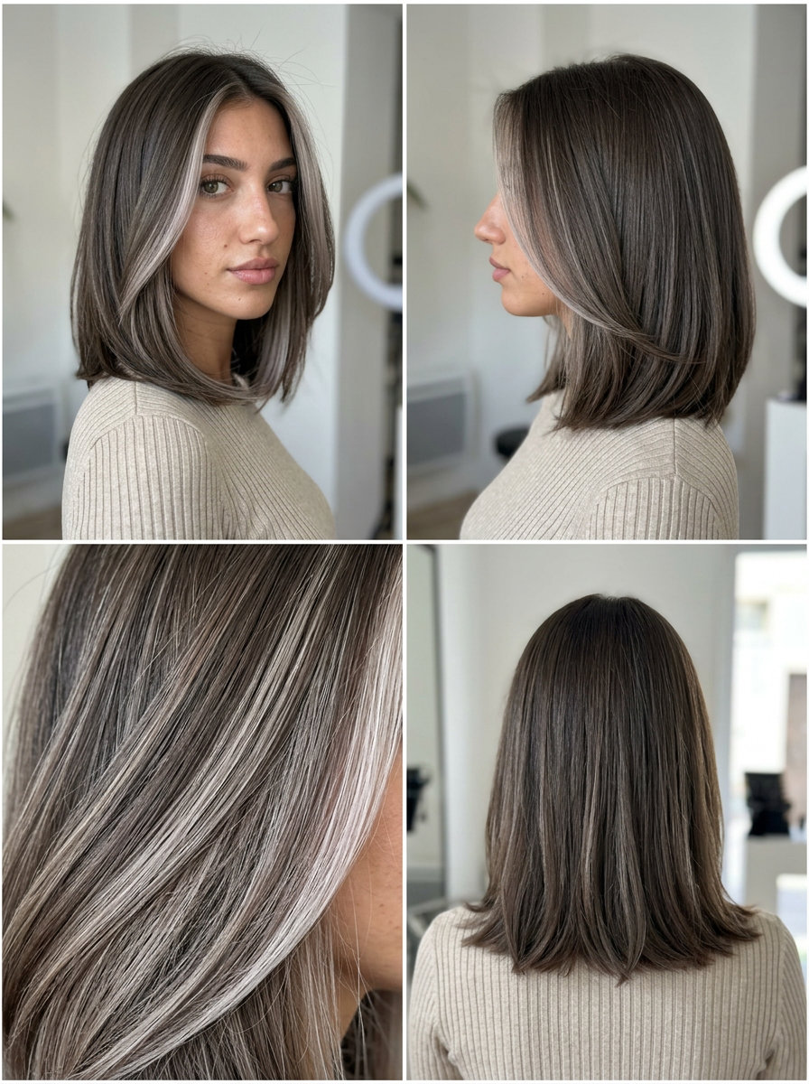 shoulder-length ash brown lob with platinum ash money piece and face-framing curve cut