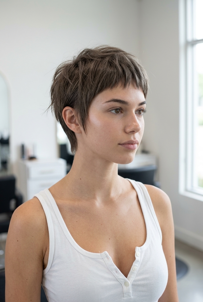 Edgy Ash Brown Pixie with Micro Bangs 2026 very short ash brown pixie cut with micro bangs and tapered sides for summer