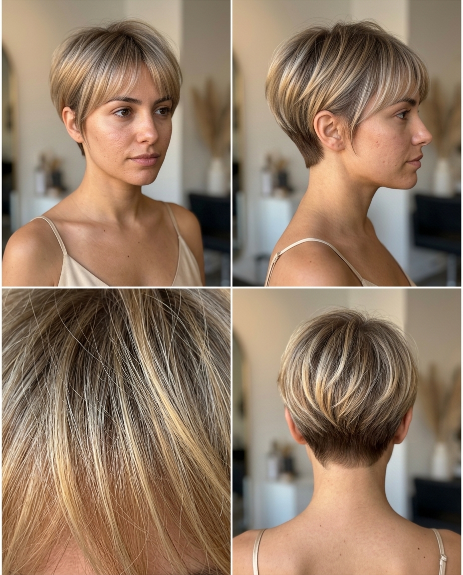 very short pixie haircut with ash blonde to golden honey ombré, soft layers and wispy fringe for summer
