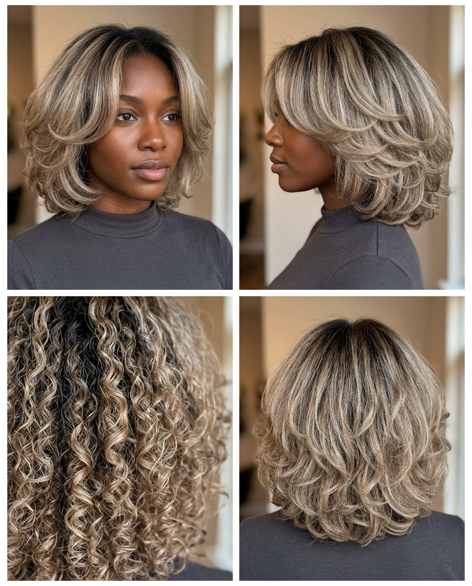 medium ash blonde halo cut with natural dark root for voluminous curls