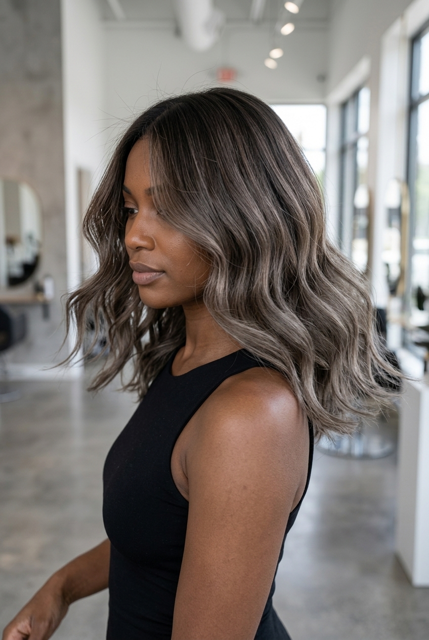 long layered ash mushroom ombré with grey-violet ends, bold contrast for summer 2026
