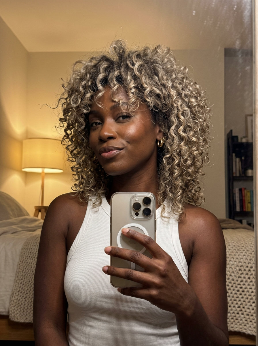 medium ashy blonde wolf cut with sandy highlights, dark root, curly texture — edgy playful look