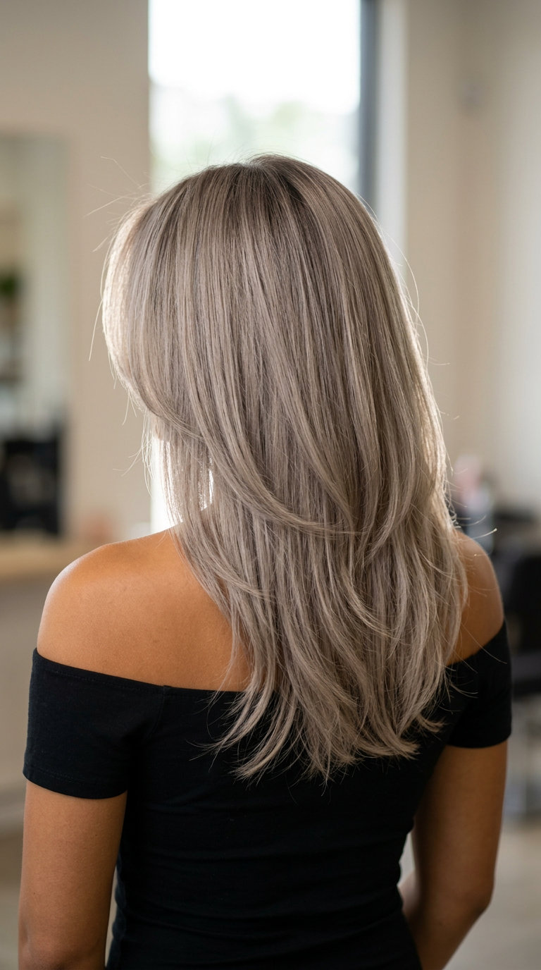 long ashy linen greige butterfly haircut with ash root smudge, ghost layers, no bangs — ethereal chic