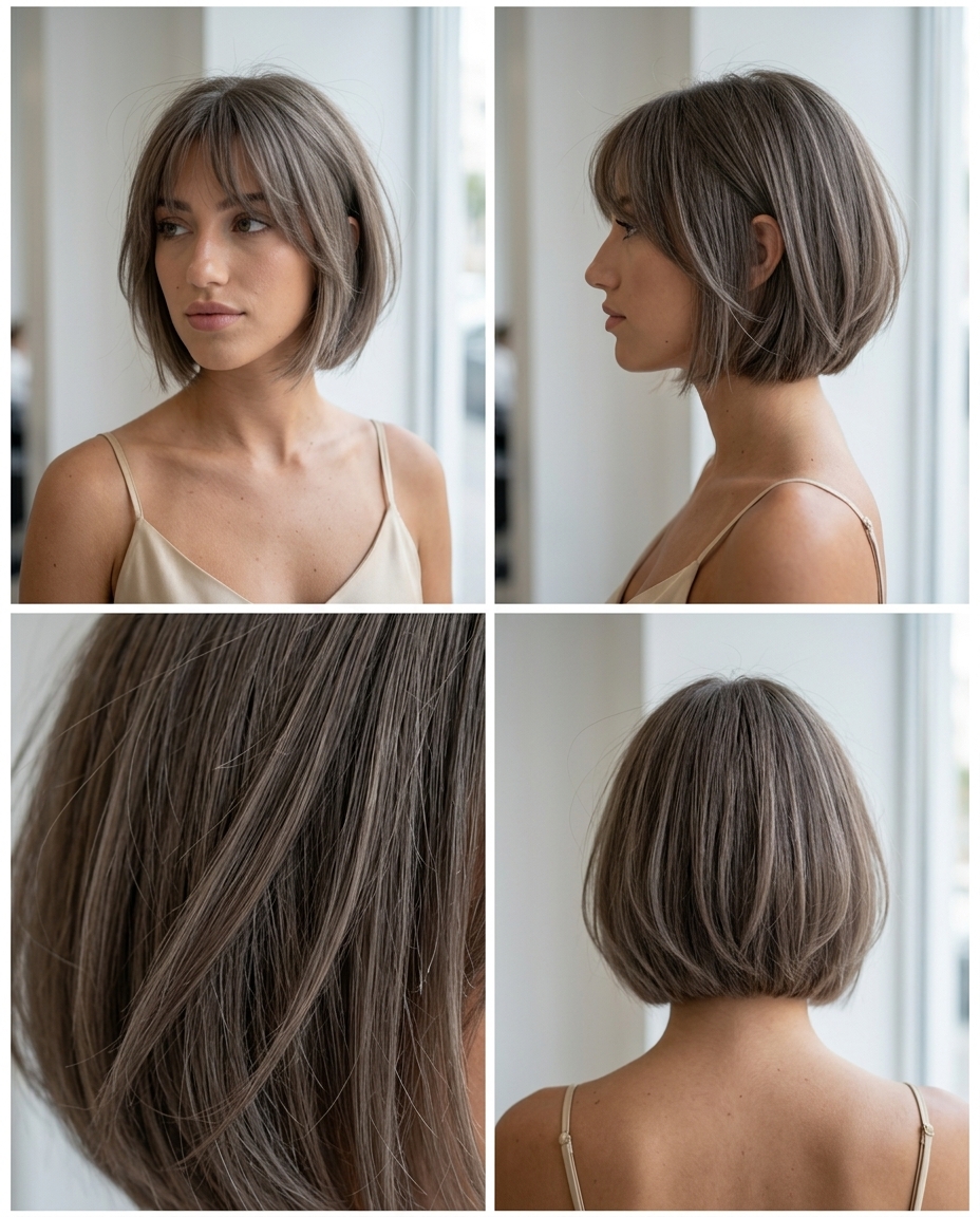 short soft bob haircut with ashy taupe, babylights, and piecey fringe for casual work day