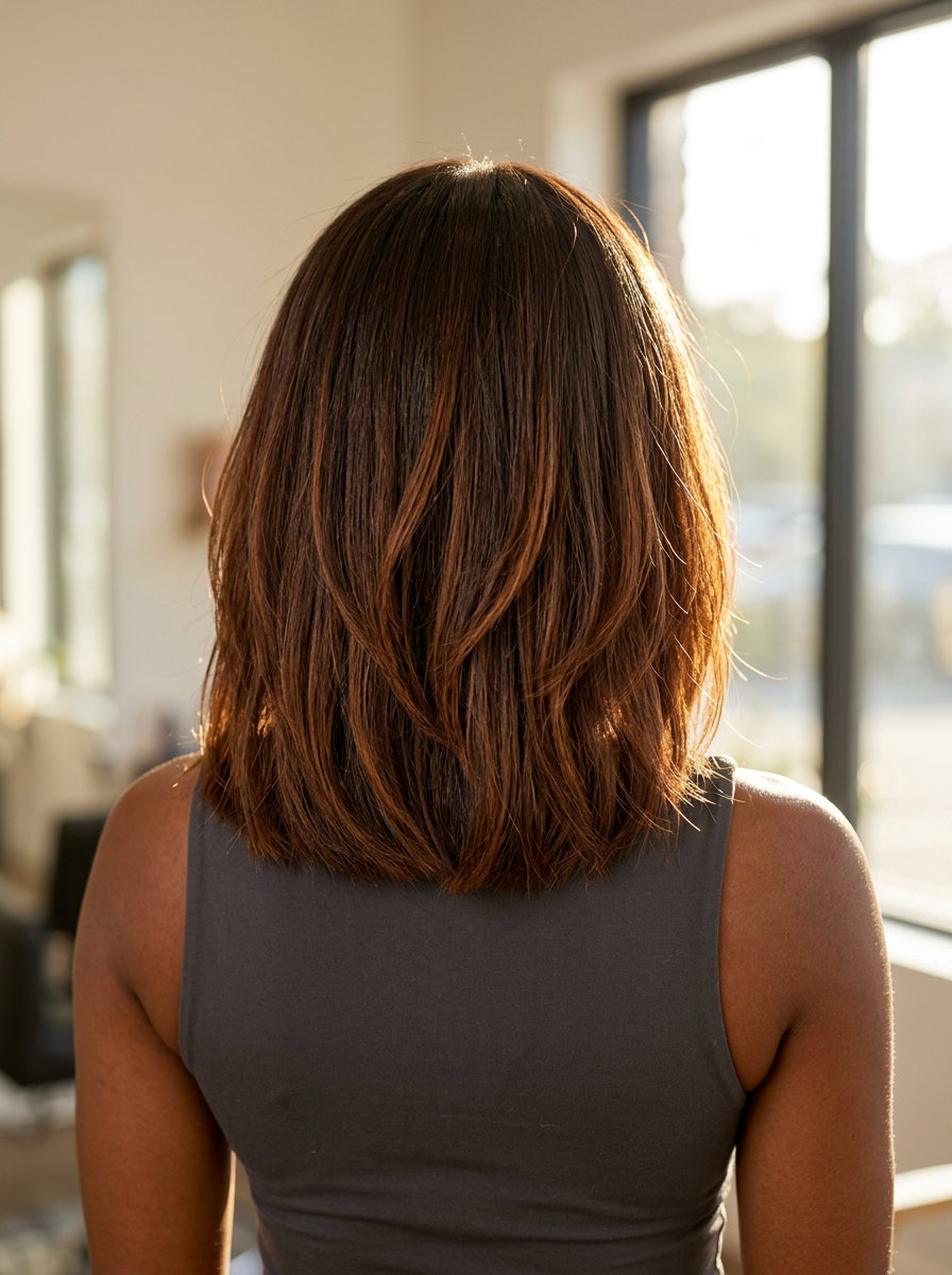Auburn Balayage Lob 2026 shoulder-length auburn balayage lob with face-framing pieces, subtle layers — effortless bohemian