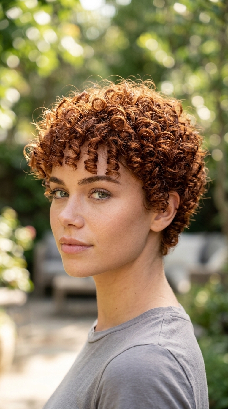 very short layered pixie haircut with rich auburn-copper and mahogany lowlights, tapered sides for summer