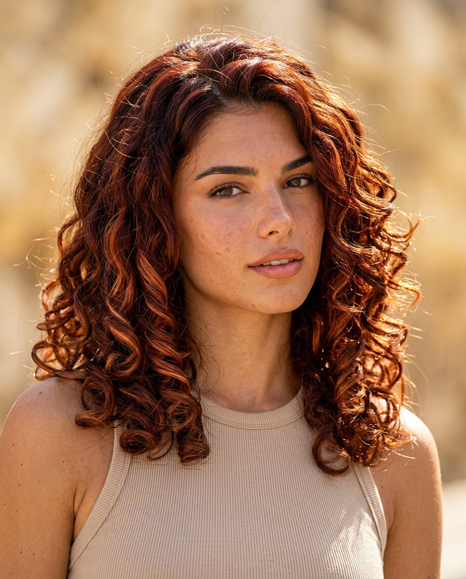 long auburn hair color with copper highlights, balayage, bold fiery vibrant