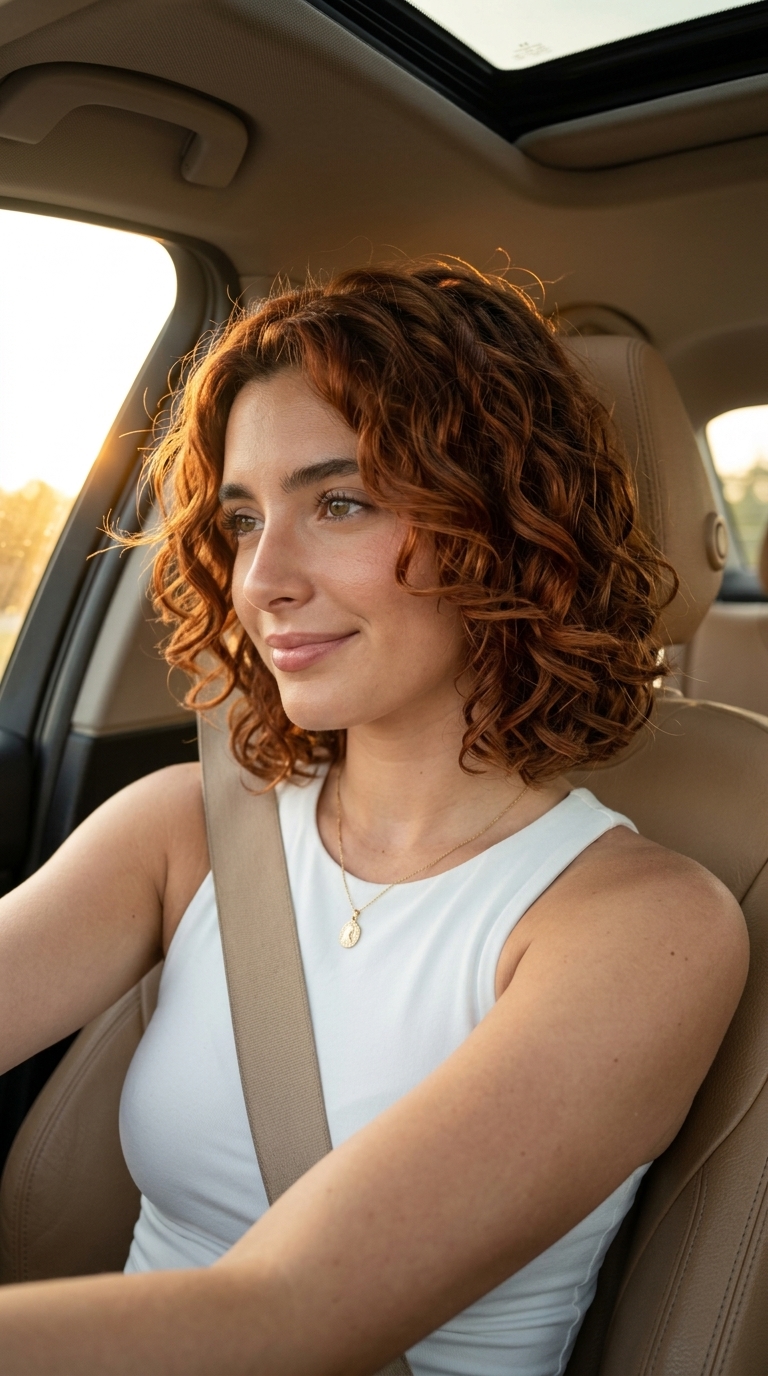 Auburn Curly Bob: Romantic Volume 2026 short italian bob haircut in auburn with copper undertones, layered for curls, no fringe — romantic and voluminous