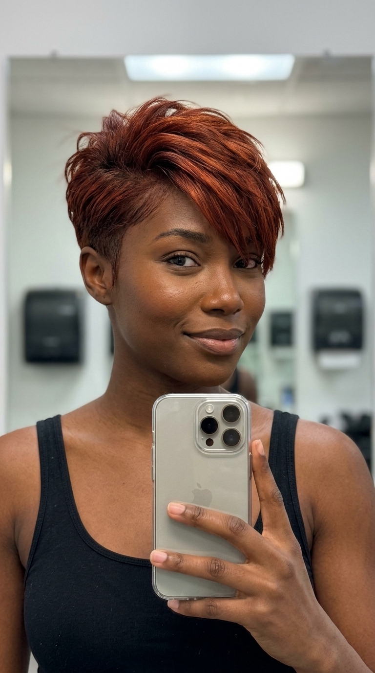 short auburn pixie cut with razor-edged fringe and textured top for edgy style