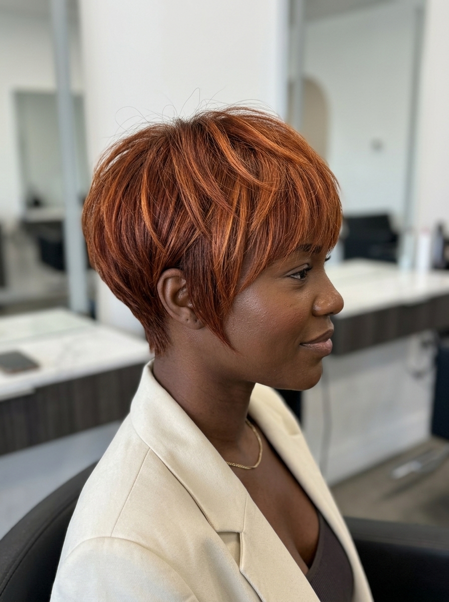 short textured pixie haircut in vibrant auburn with copper-gold highlights, point-cut layers, feathered fringe — playful weekend
