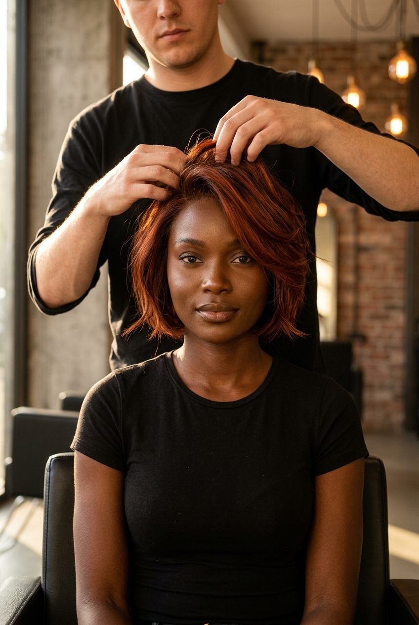 short shag bob haircut in rich auburn with coppery red and warm brown lowlights for playful style