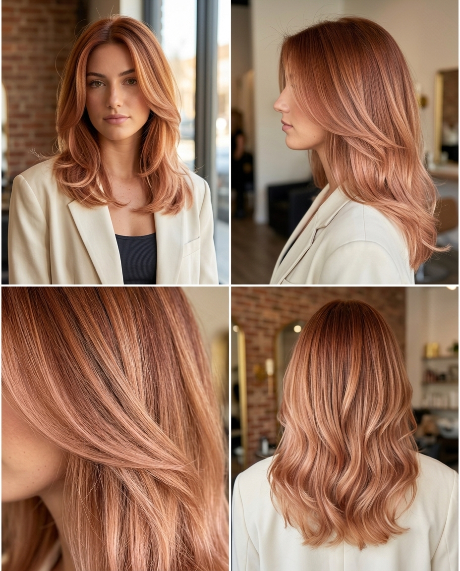 long layered hair in warm auburn to strawberry blonde sombre with rose-gold undertones — romantic ethereal soft