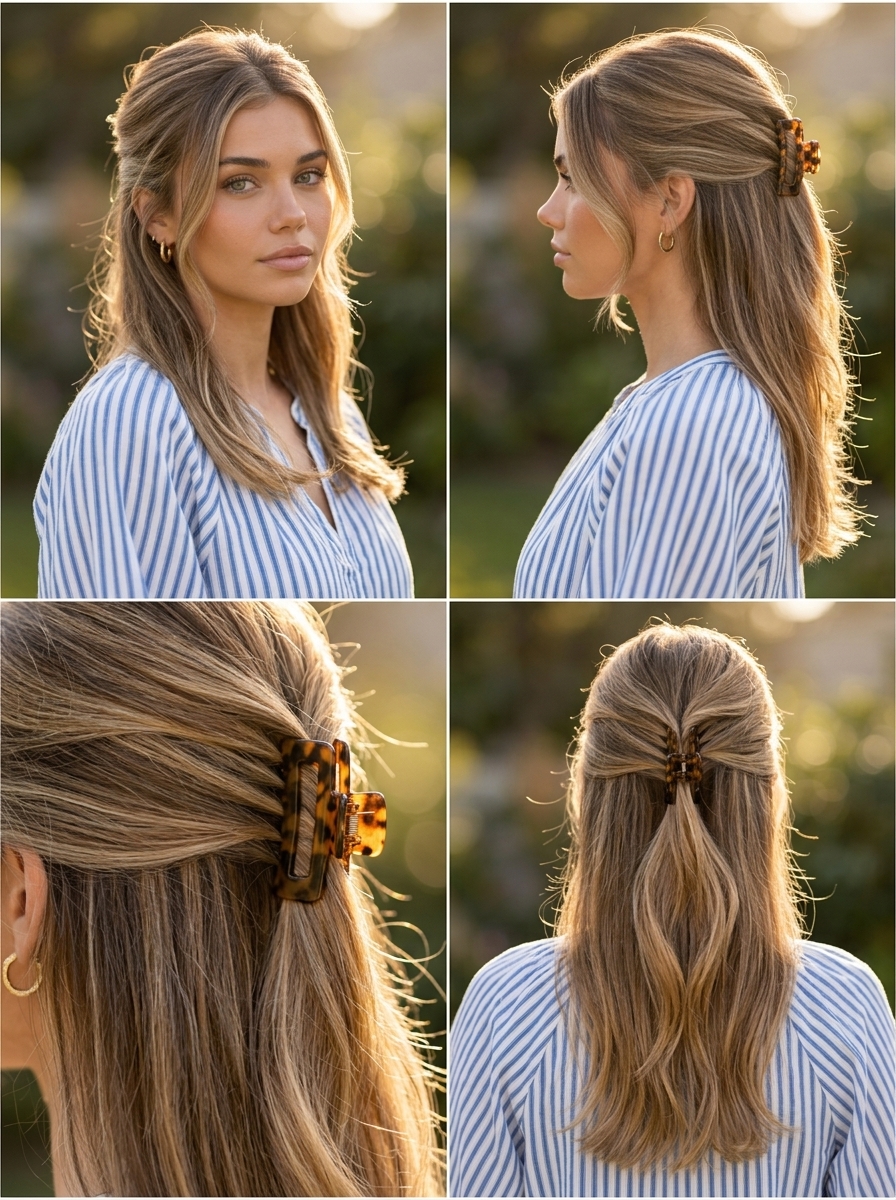shoulder-length sun-striped balayage half-up twist with curtain bangs, playful for brunch