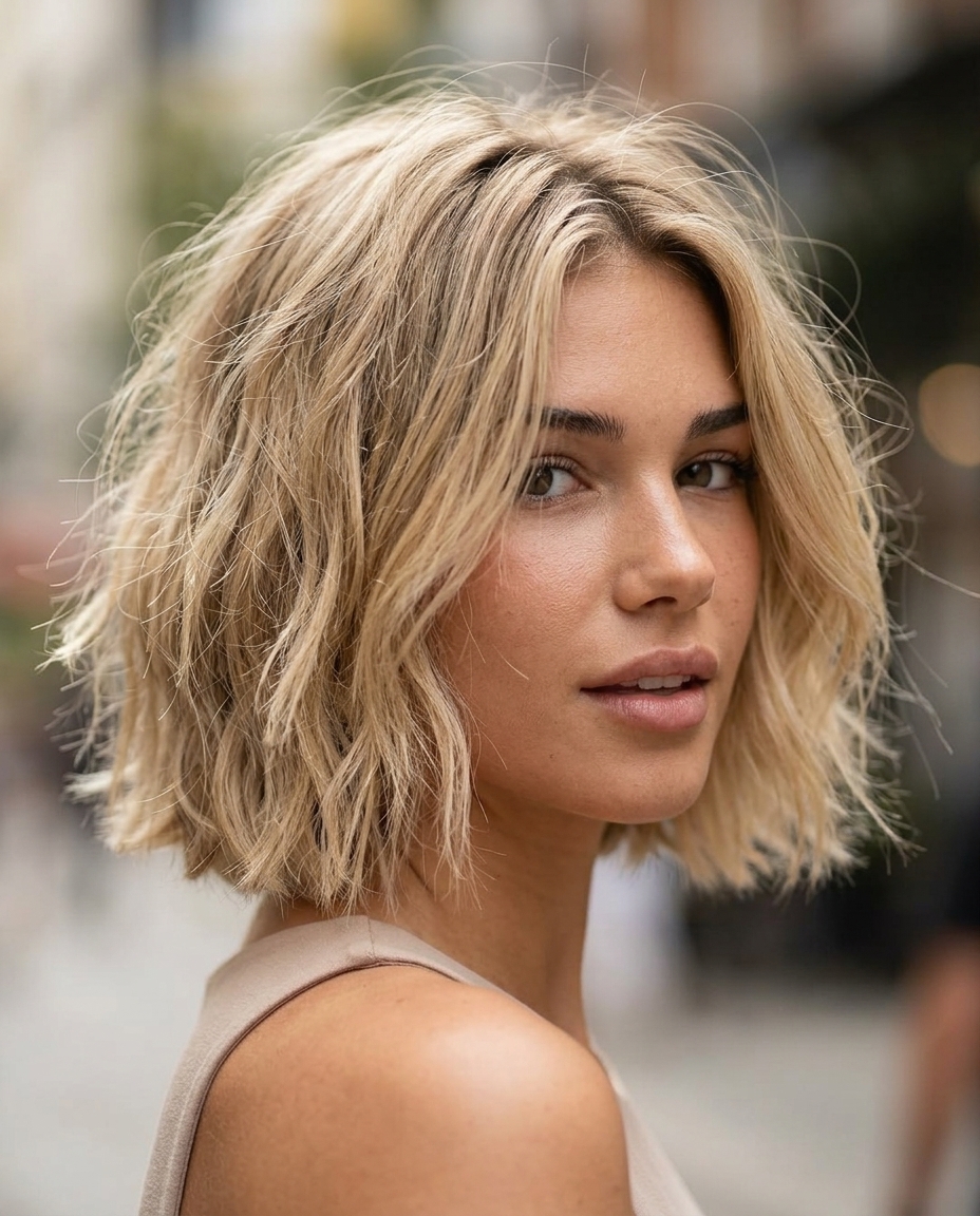 short bob haircut in beige blonde balayage with natural root and disconnected layers for cool-girl style