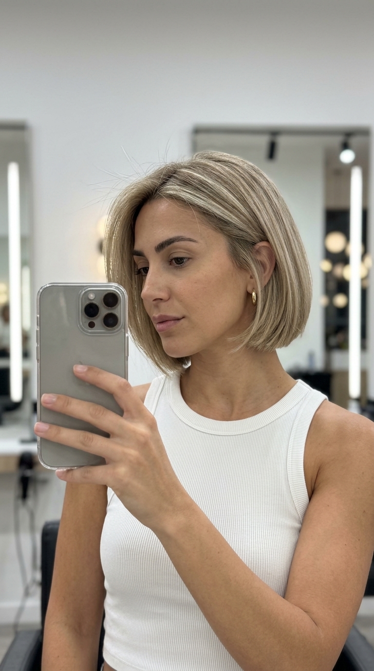 Beige Blonde Italian Bob: French Chic 2026 short italian bob haircut in beige blonde with creamy babylights, point-cut ends, no fringe — soft and effortless