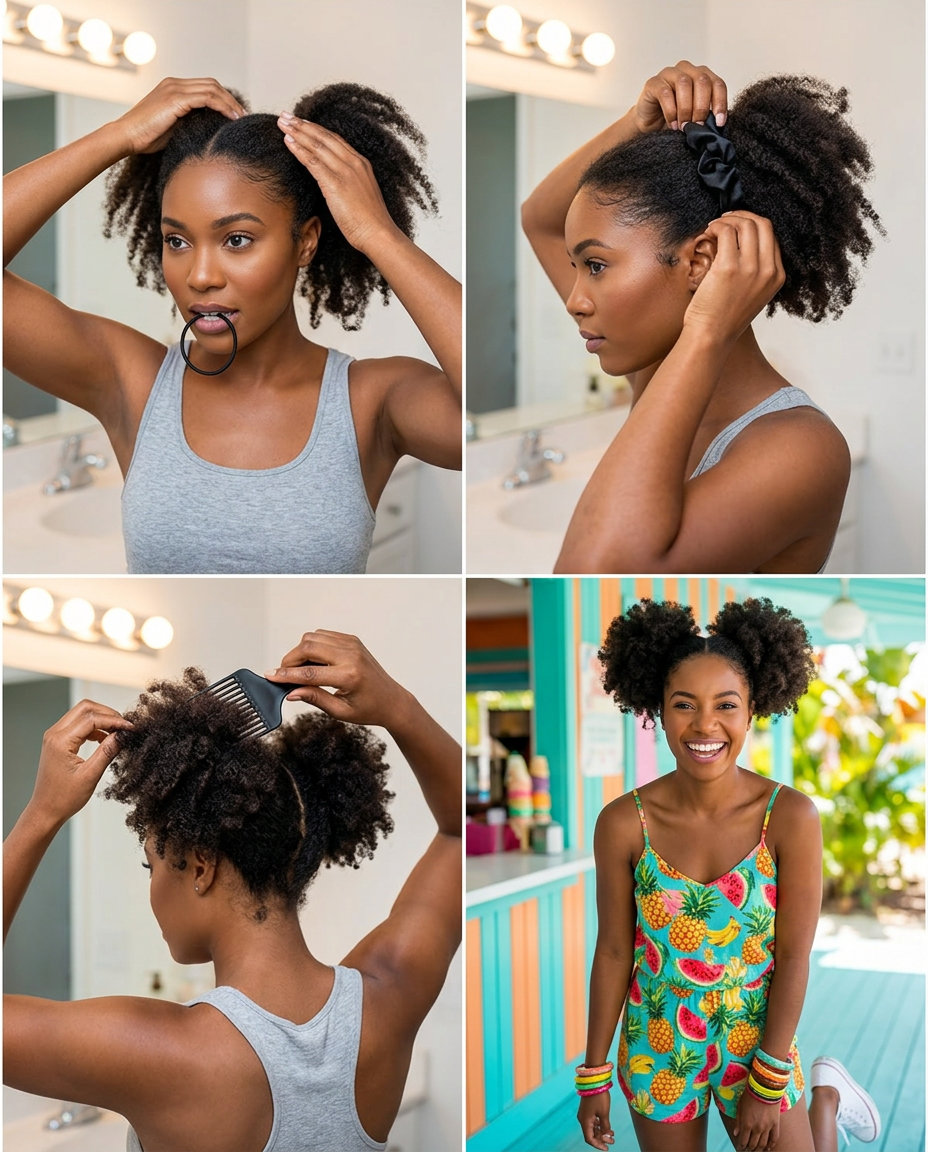 short natural afro with deep black-brown color in playful puffs for summer