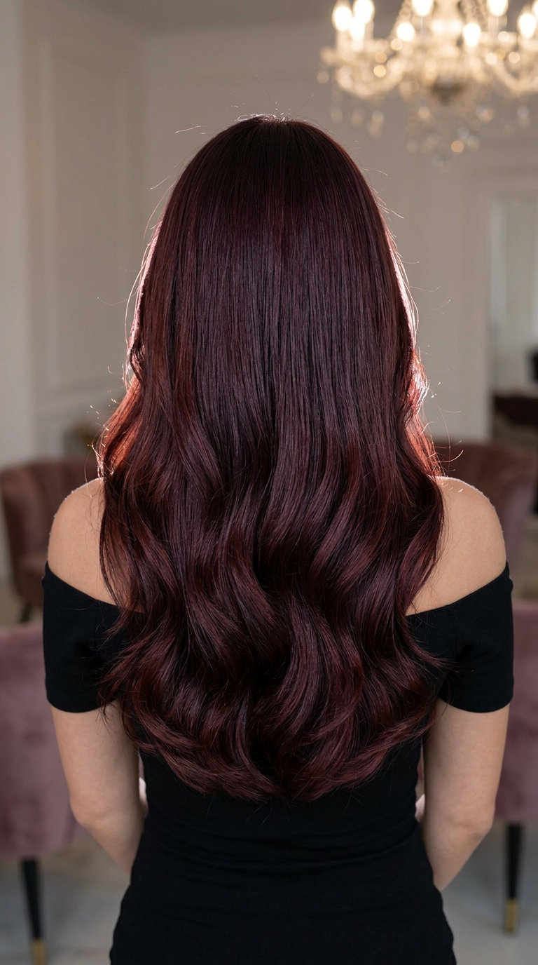 Black Cherry Auburn Waves 2026 long black cherry auburn waves with cascading layers, no fringe — glamorous sophisticated