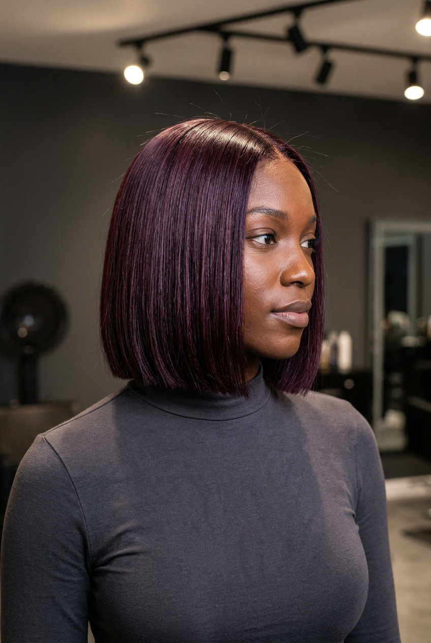 Deep Black Cherry Auburn Bob 2026 short black cherry auburn bob with violet-red undertones, blunt cut, no fringe — sophisticated date night