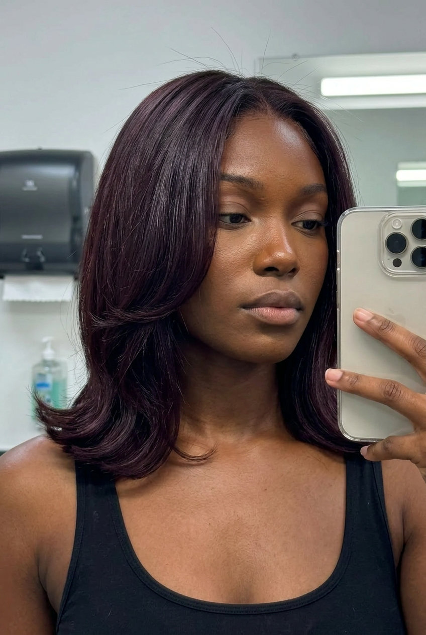 Artistic Auburn Bob: Black Cherry Scalloped Cut 2026 collarbone black cherry auburn haircut with violet undertones, scalloped bob for bold