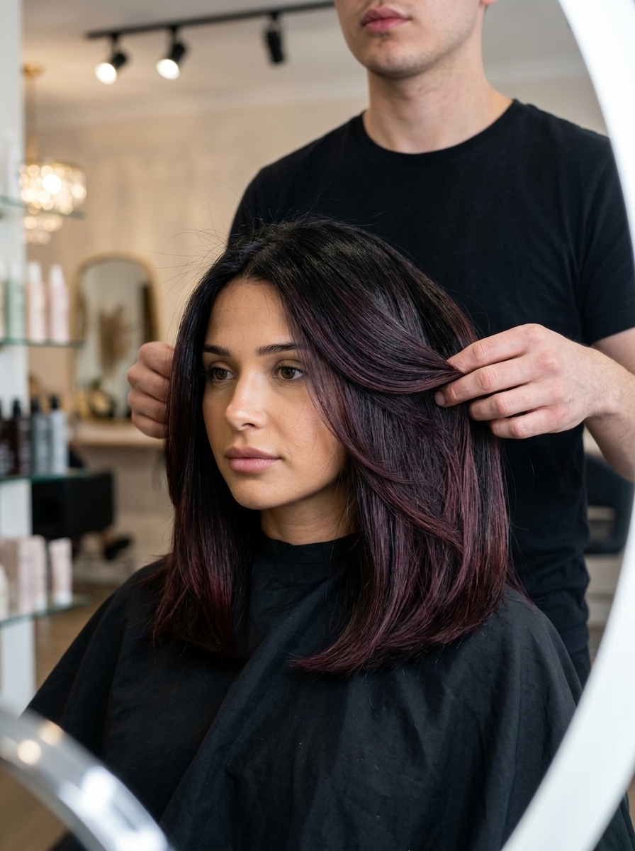 Black Cherry Balayage Hair Ideas 2026 long black cherry balayage with dark plum, hand-painted highlights and blunt ends — sophisticated night out