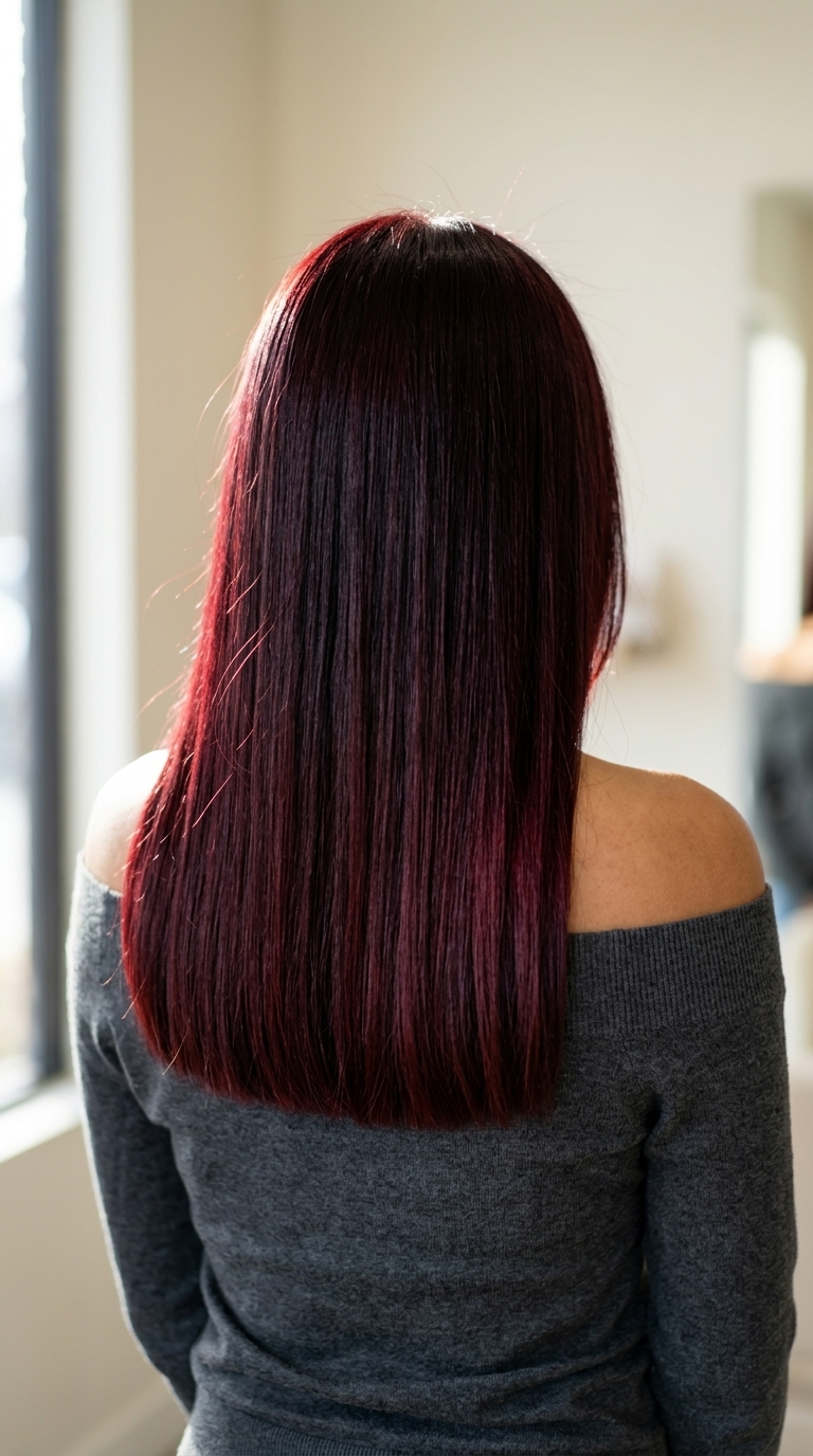 long blunt haircut with deep black cherry auburn color, rich burgundy reflect for dramatic style