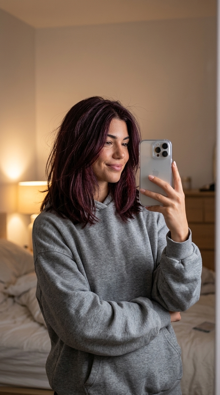 medium length textured lob in black cherry auburn with subtle layering — soft edgy chic