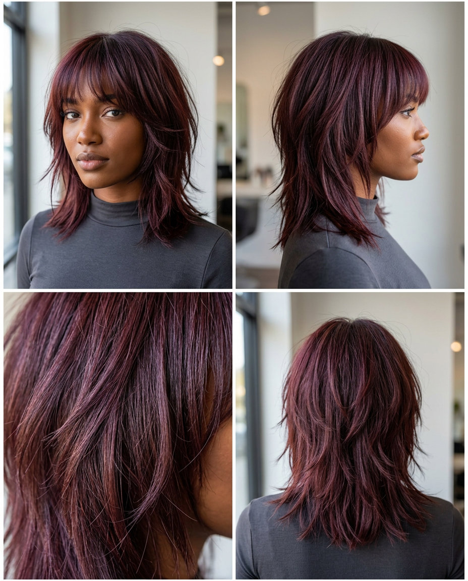 Edgy Auburn Wolf Cut: Black Cherry with Violet-Red 2026 medium black cherry auburn haircut with violet-red undertones, razored wolf cut for edgy