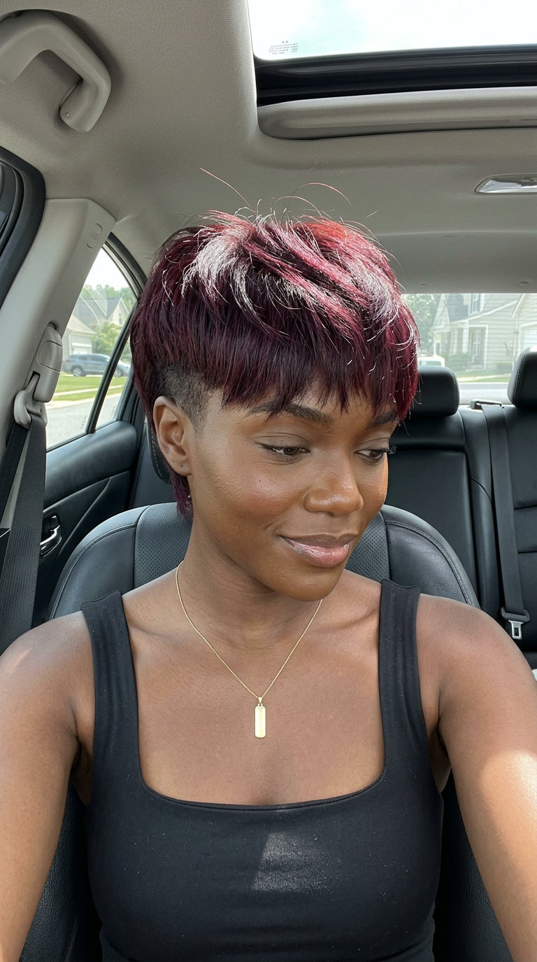 Bold Auburn Hair: Black Cherry Mullet Crop 2026 very short black cherry auburn haircut with violet undertones, tapered mullet crop for edgy