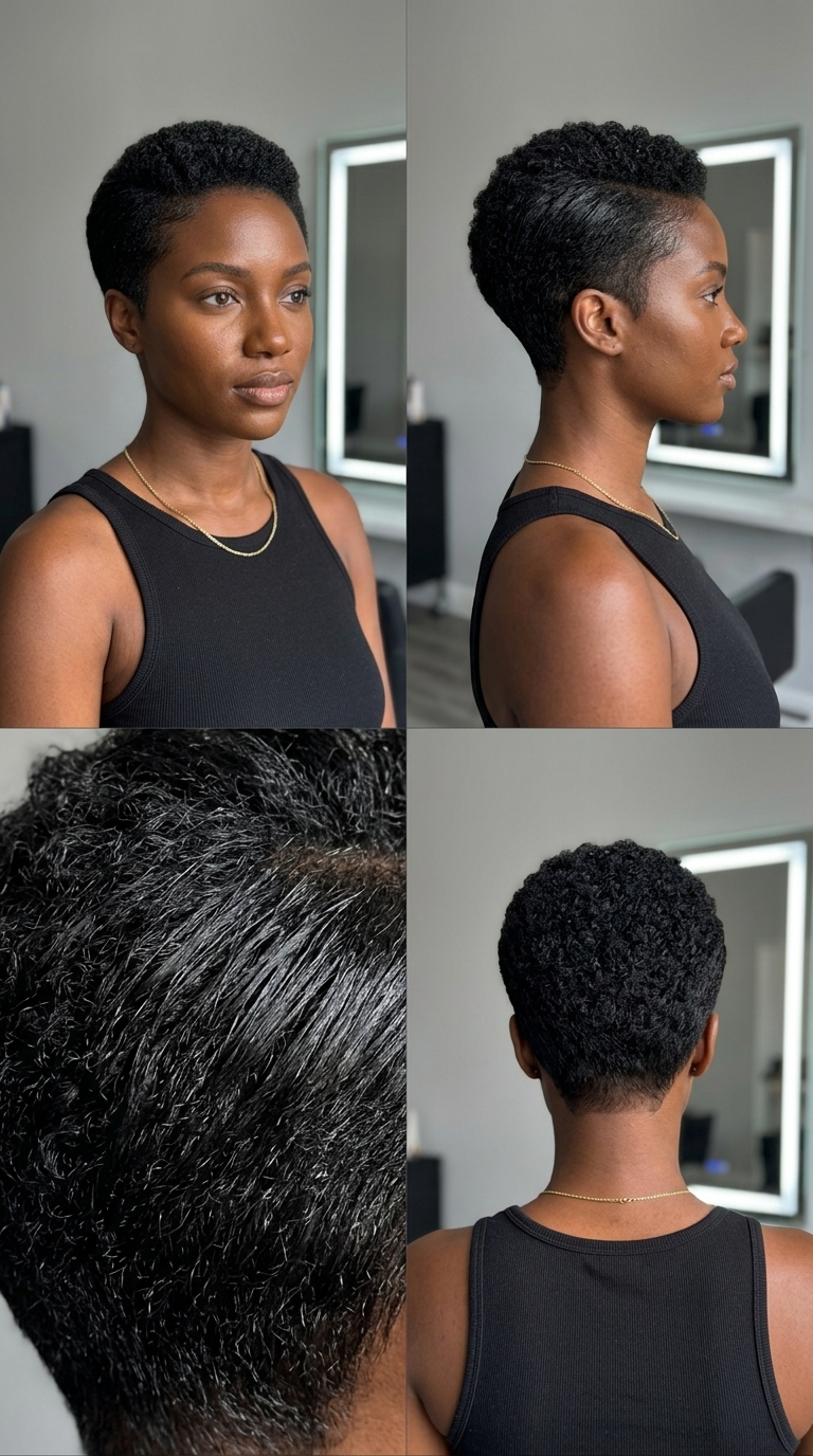 very short pixie haircut with natural black, high gloss finish, tapered sides for summer