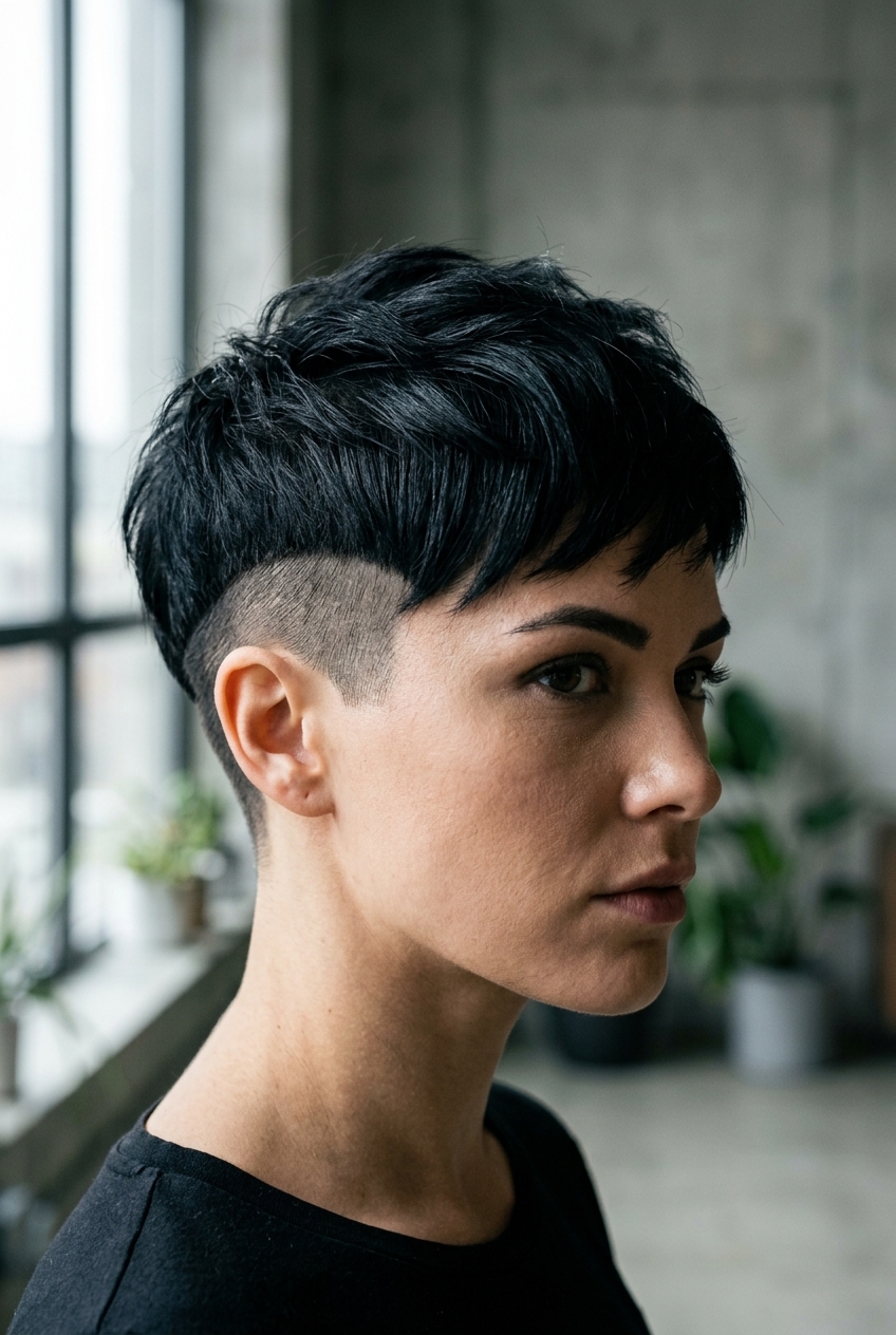 very short blue-black pixie haircut with high-gloss finish and swept-forward fringe for edgy festivals