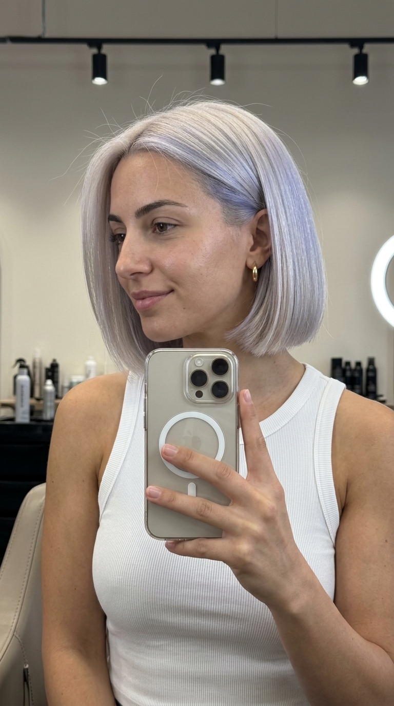 chin-length blueberry milk blonde bob with violet-blue undertone for playful outing
